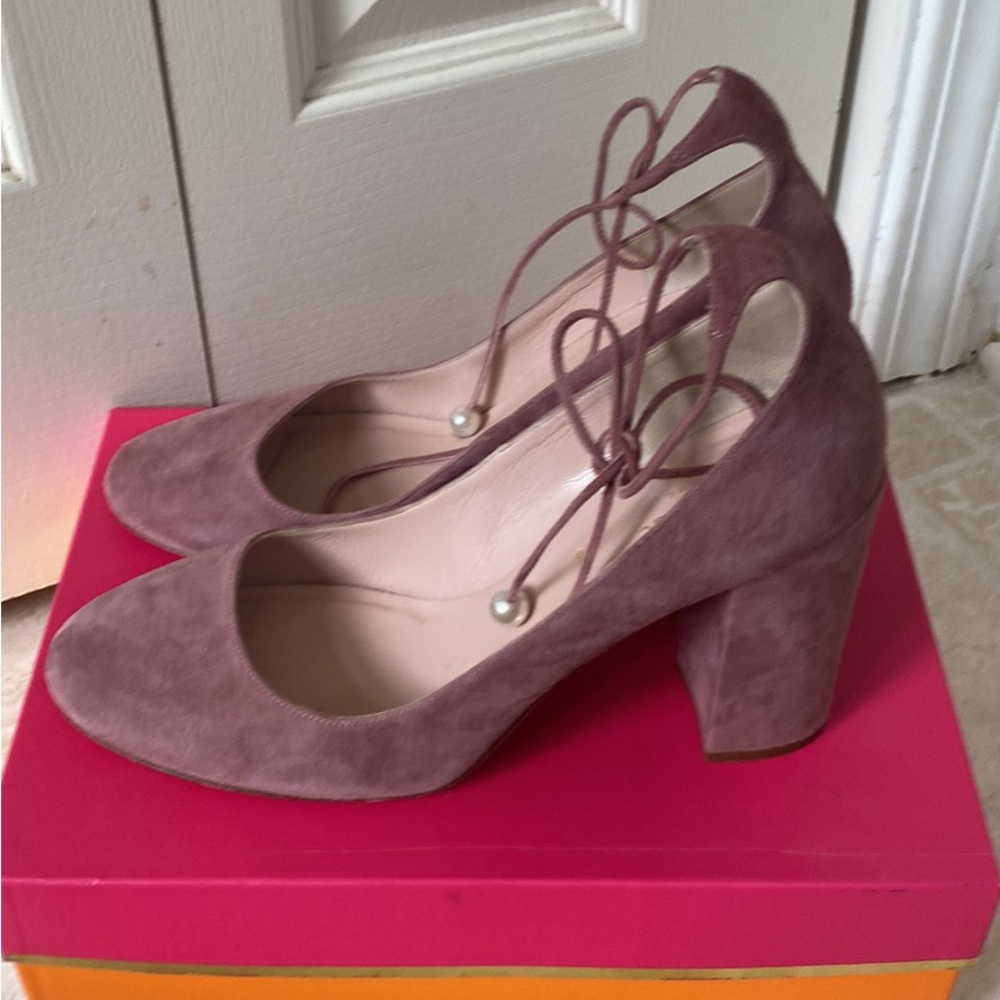 Kate Spade lavender suede pearl tie heels.